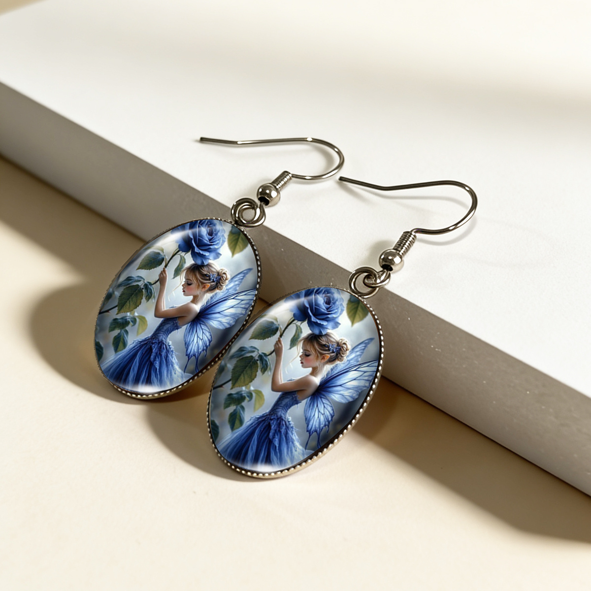 Dreamy Blue Rose Fairy Elf Picture Oval Earrings