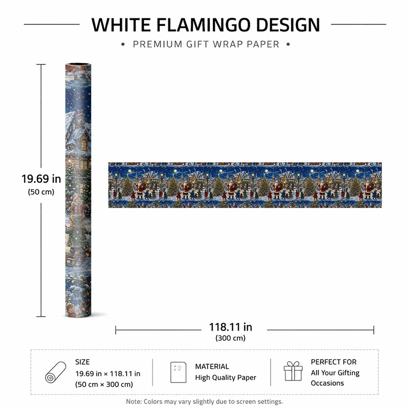 TEMU Papier Cadeau Décoratif 2D Plat 1 Rouleau 50X300Cm (19.7X118.1In) pour Fête d'Année, Papier d'Emballage Cadeau d'Hiver avec Scènes de Village