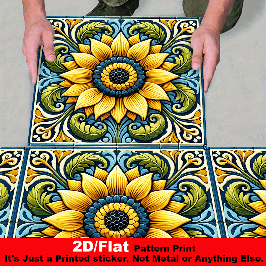 TEMU 10pcs Of 2d Flat Pvc Floor Sticker - Sunflower Pattern, 3d Effect Self-adhesive Decorative Tile, X Inch Tearable Design, Reusable, Suitable For