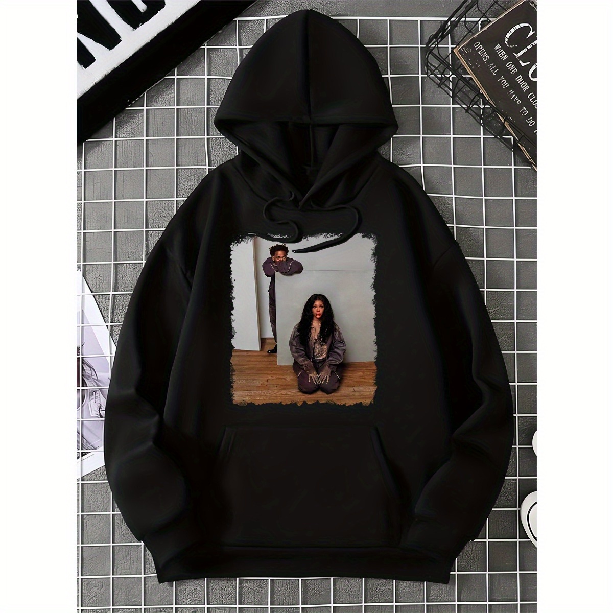 Men's 873g Polyester-Cotton Blend Hooded Sweatshirt with Famous Figures' Heads Print, Kangaroo Pocket & Regular Fit - Casual Chic Pullover for Autumn/Winter Outdoor Wear, Machine Washable, Ideal Gift