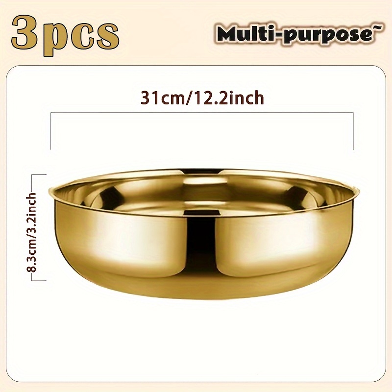 TEMU 3pcs Large Capacity Stainless Steel Salad Bowls, 12.2inch Golden Mixing Bowls, Polished Bright Surface Easy To Clean, Suitable For Preparing