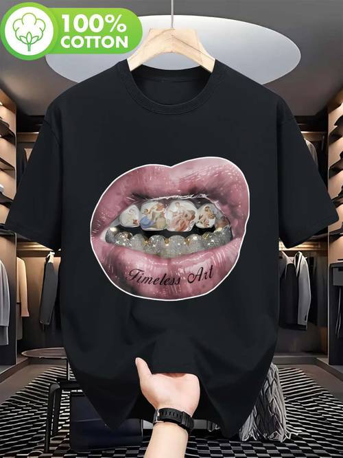 heren zwart lippen - tanden dental print t-shirt | gouden grill beugel design, 95% 5% elastaan mix, zachte stretch, korte mouw, ronde hals, casual zomer tee voor beugel liefhebbers - dental