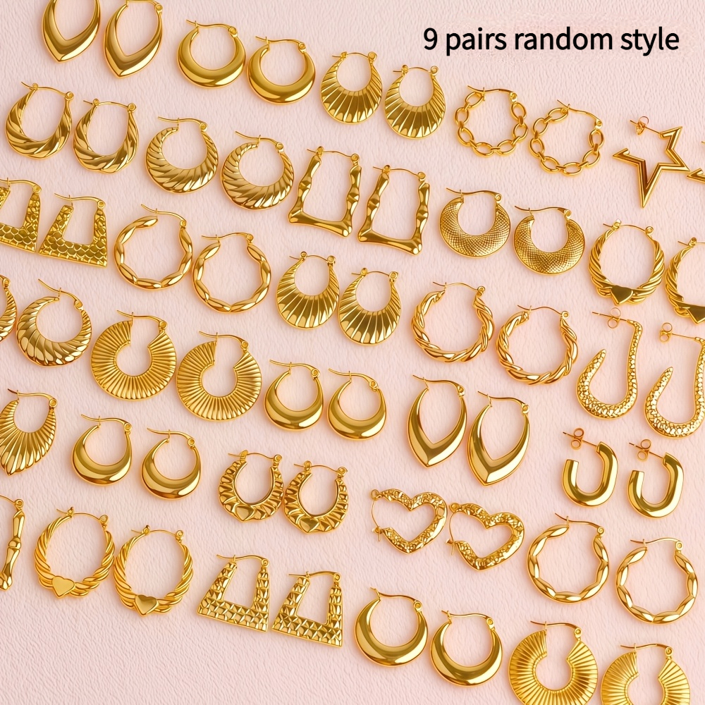 TEMU 9 Pairs Random Style Women's Fashion Stainless Steel Hoop Earrings Trendy Wear Jewelry Set Halloween Women