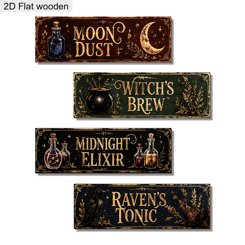 TEMU 2d Flat, 4pcs Vintage Gothic Apothecary Halloween Wooden Wall Sign Set, Moon Dust Witch's Brew 's Tonic Quote Printed Plaques, Halloween Bar