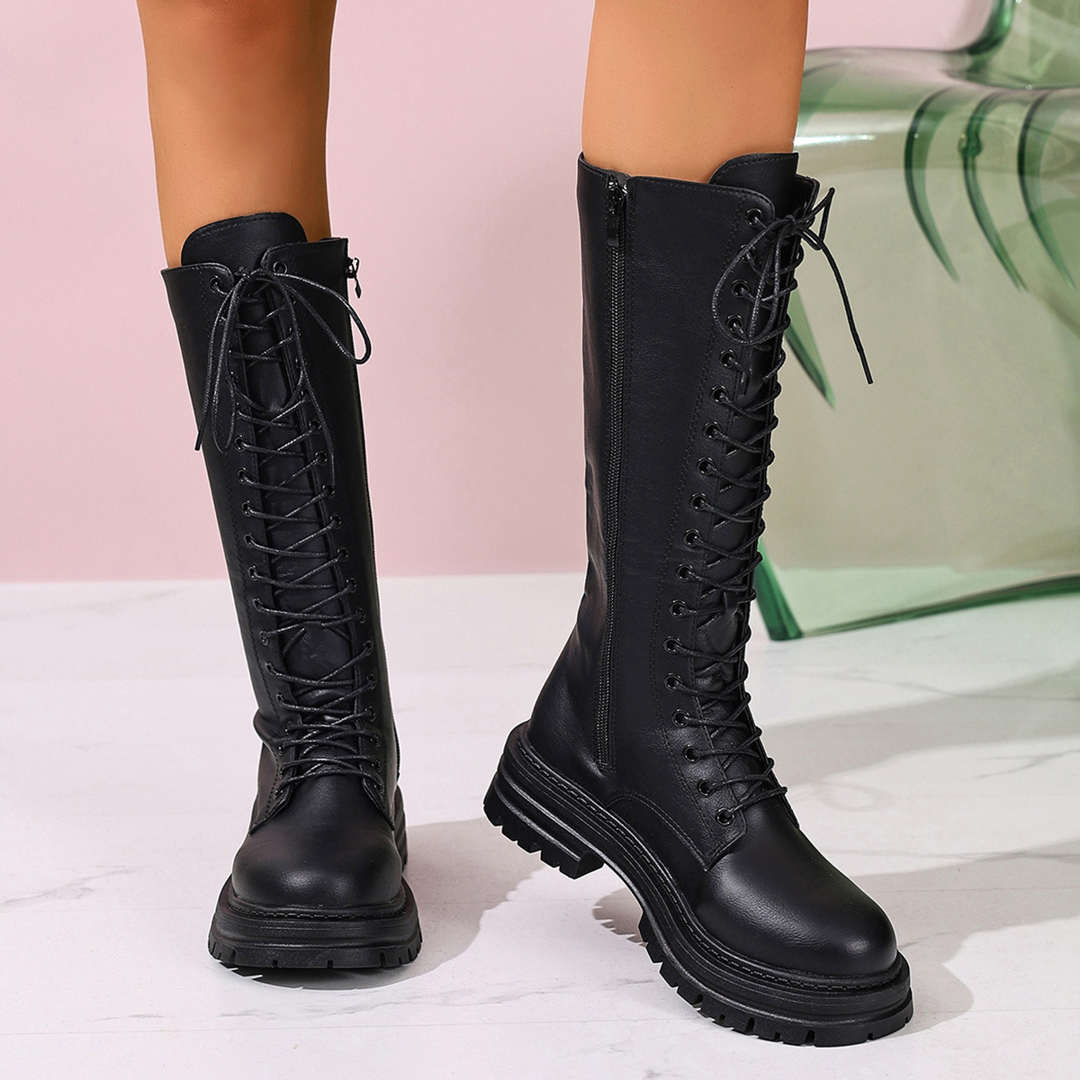 Women s Chunky Platform  -Calf Boots with Thick Rubber Sole - Round Toe Synthetic Leather Upper, Adjustable Ankle   & Back Strap - Comfortable Slip-Resistant Winter Boots for Casual & Formal Outfits (Black) - Versatile   Footwear, High Boots for Women, Cowgirl Boots, Lace Up Boots for Women, Cowgirl Boots Women, Leather Boots for Women, Outdoor Footwear, Breathable Lining, Sturdy Footwear