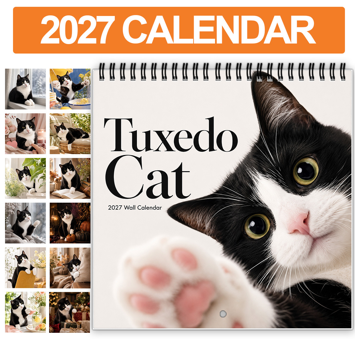 TEMU 2027 Tuxedo Cat Wall Calendar - Spiral-bound Hanging Calendar With 12-month Adorable Black & White Tuxedo Kitten Portraits Suitable For Décor,