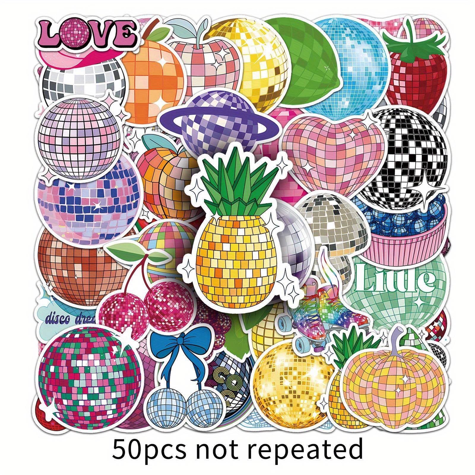 Image of 50pcs Disco Ball Cute Aesthetics Stickers Ins Doodle Cartoon Deacls Pack Halloween Christmas Decoration Suitcase Bottle Laptop Skateboard Luggage Party Gift
