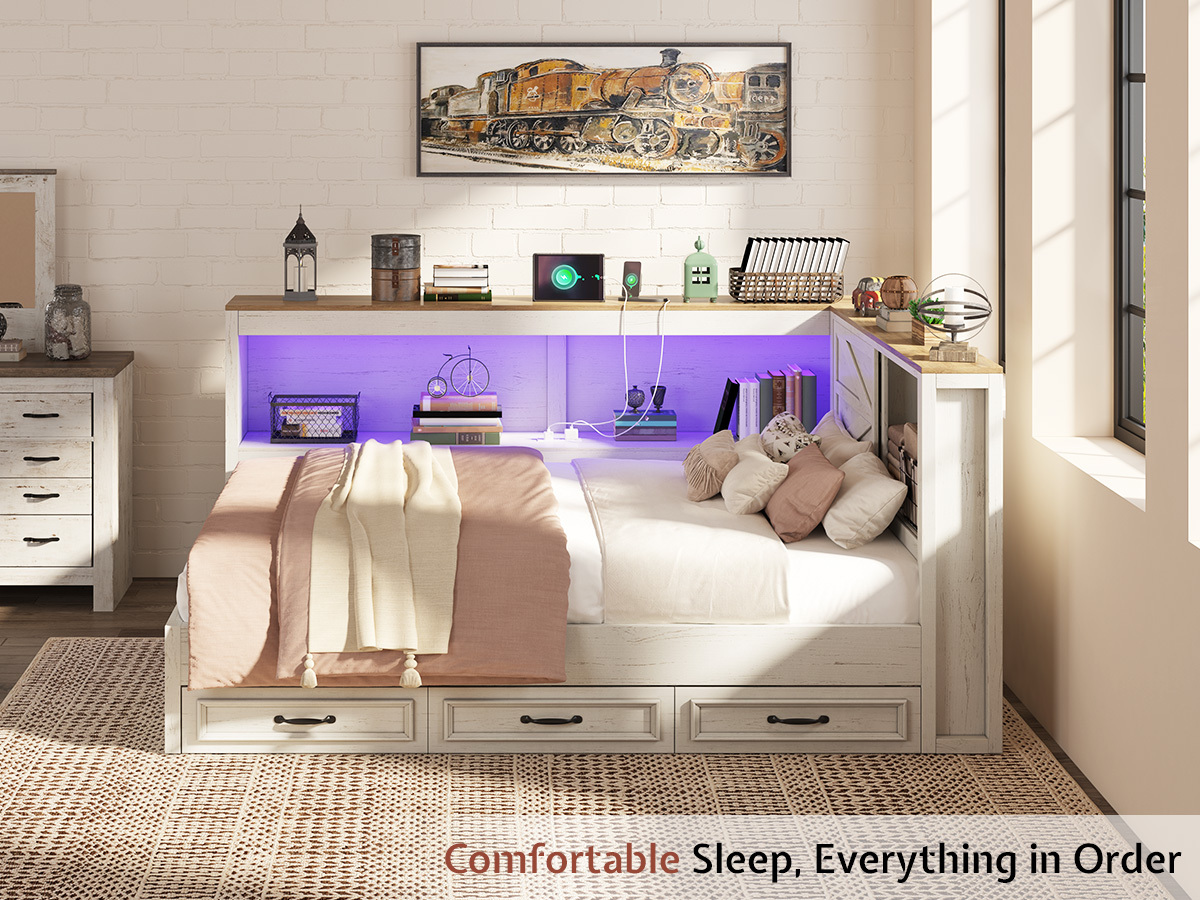 PAPAJET Storage Corner Bed Frame with Bookcase Headboard LED Lights Charging Station and Drawers Farmhouse Platform Bed for Bedroom