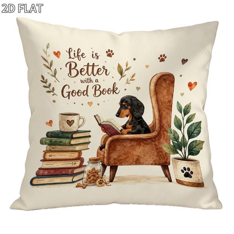 TEMU 18x18 Inch 1pc Pillow Cover, Cute Dachshund Reading Design, Warm Cozy Vibe, Better With A Theme, Soft Decorative Throw Pillowcase For Home