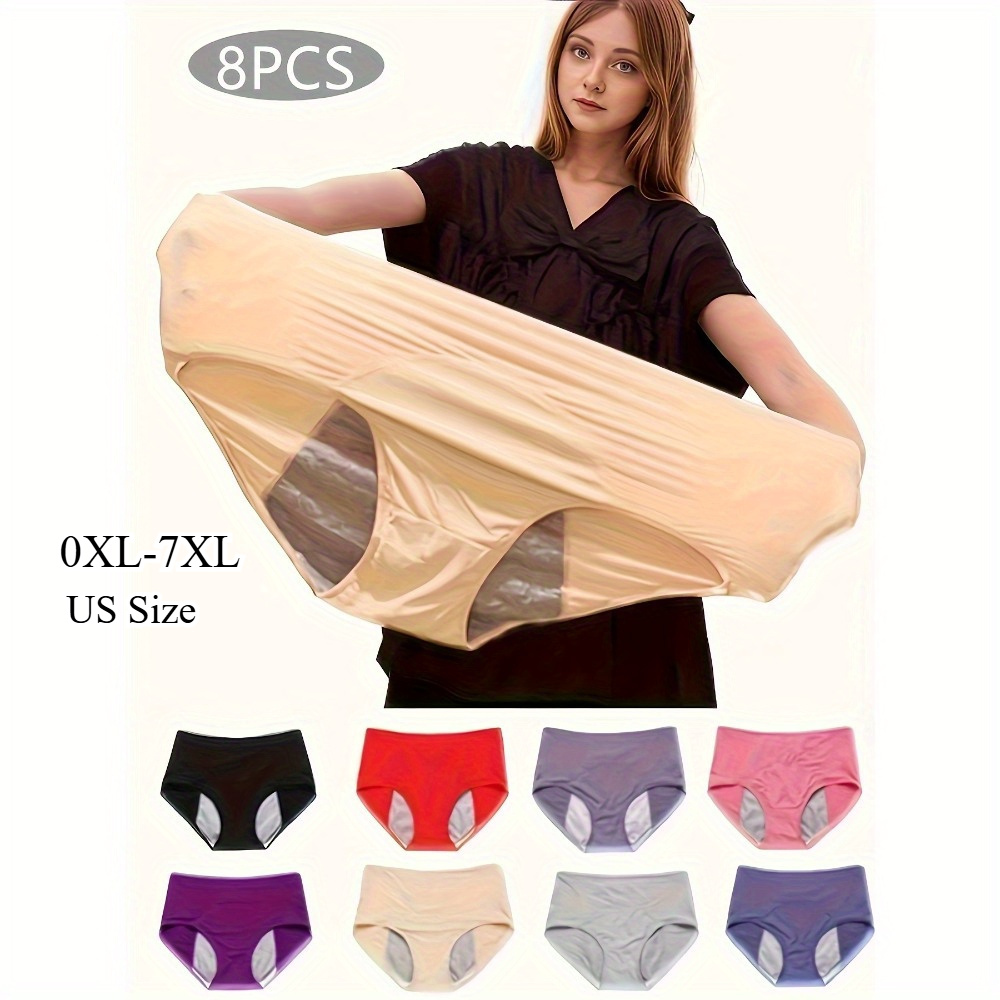 

8pcs Plus Size High-waist Panties, Elegant Polyamide Knit Fabric, Solid Color, High Stretch, Leakproof, Breathable, Ultra-absorbent With Menstrual Period Briefs For Women