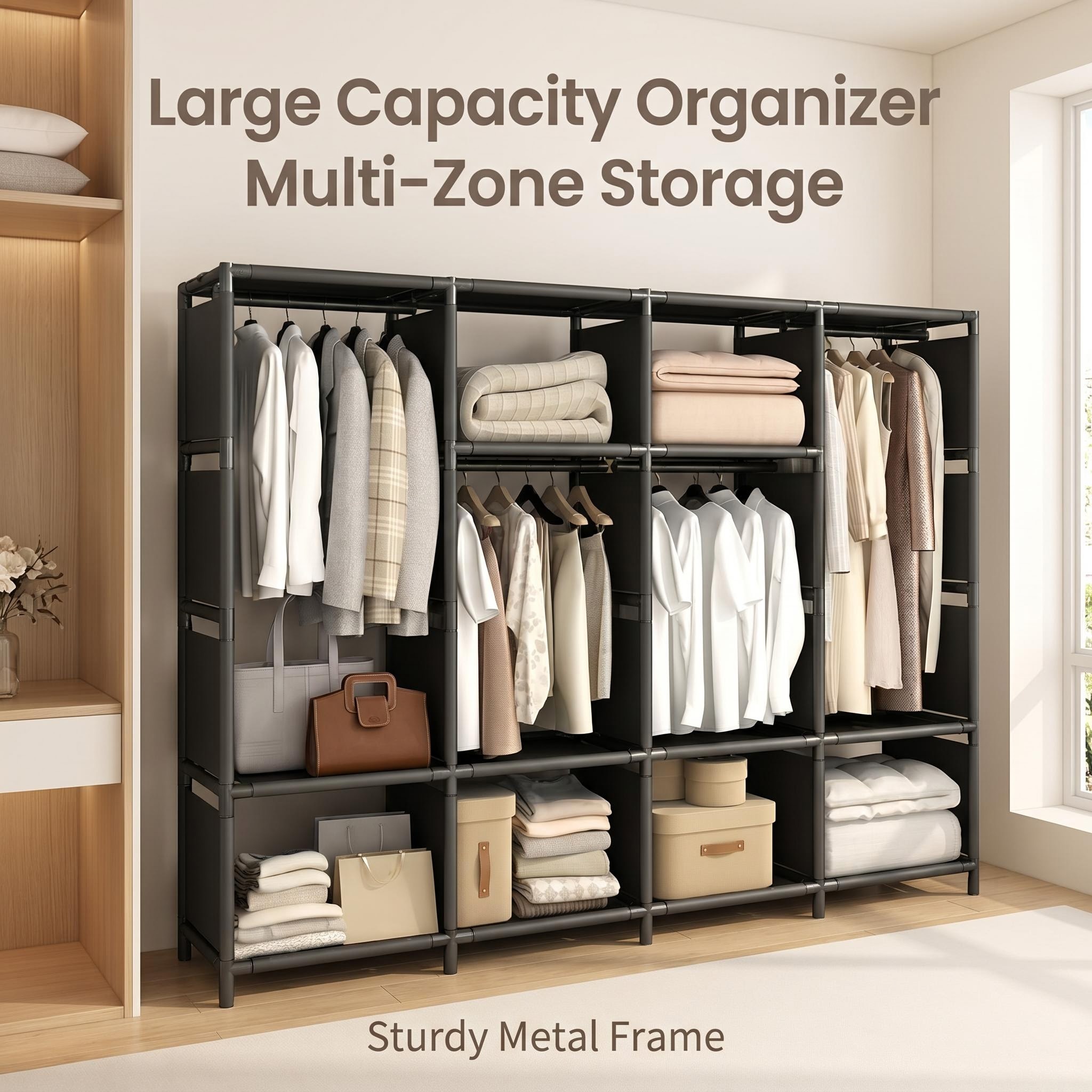 TEMU Large Capacity Multi-partition Open Freestanding Garment Rack, Heavy Duty Metal Clothing Storage Organizer For Bedroom, 170 X 45 X Black Clothes