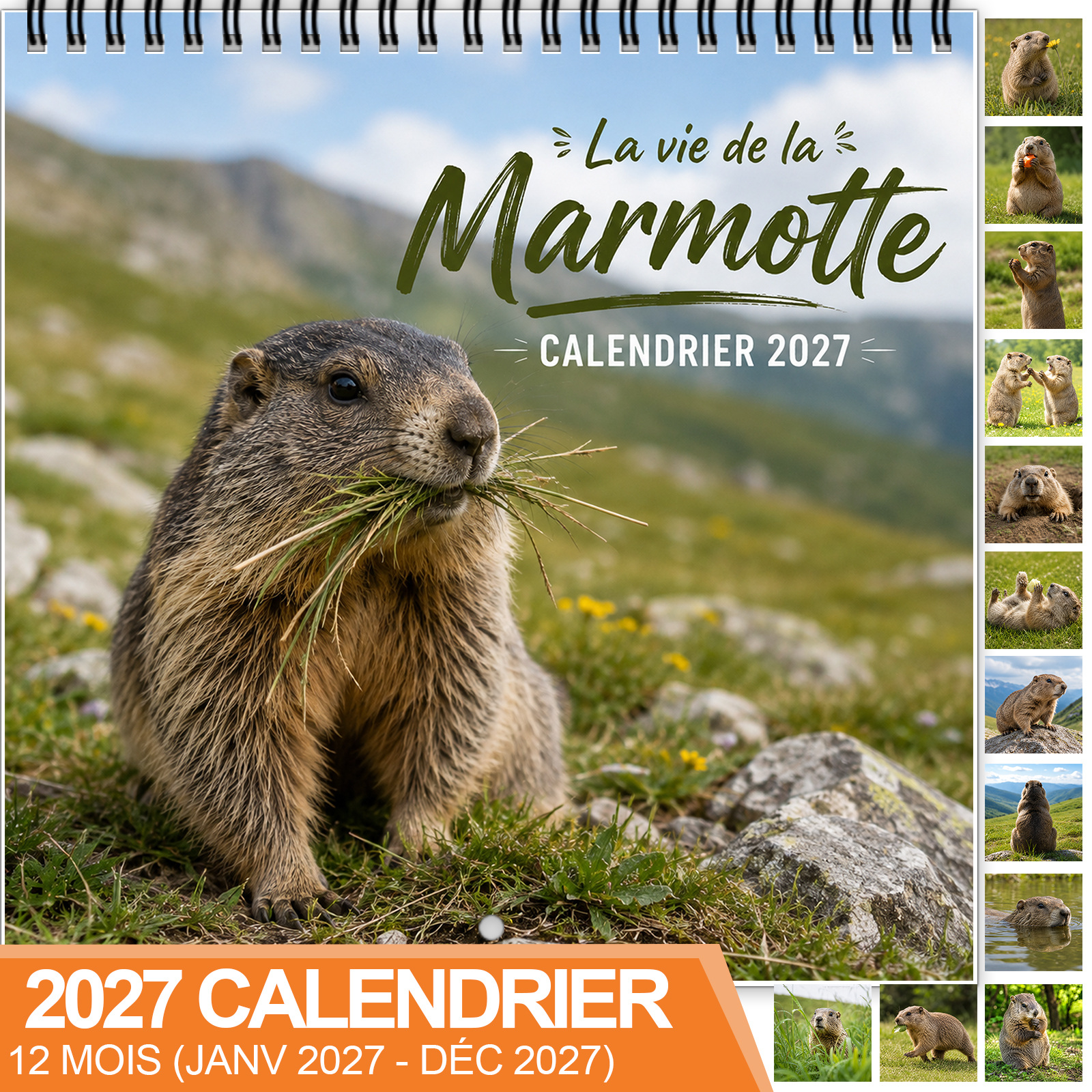 TEMU Calendrier mural ludique 2027, planificateur mensuel à spirale de 12 mois avec papier épais et brillant, présente énergique dans des scènes