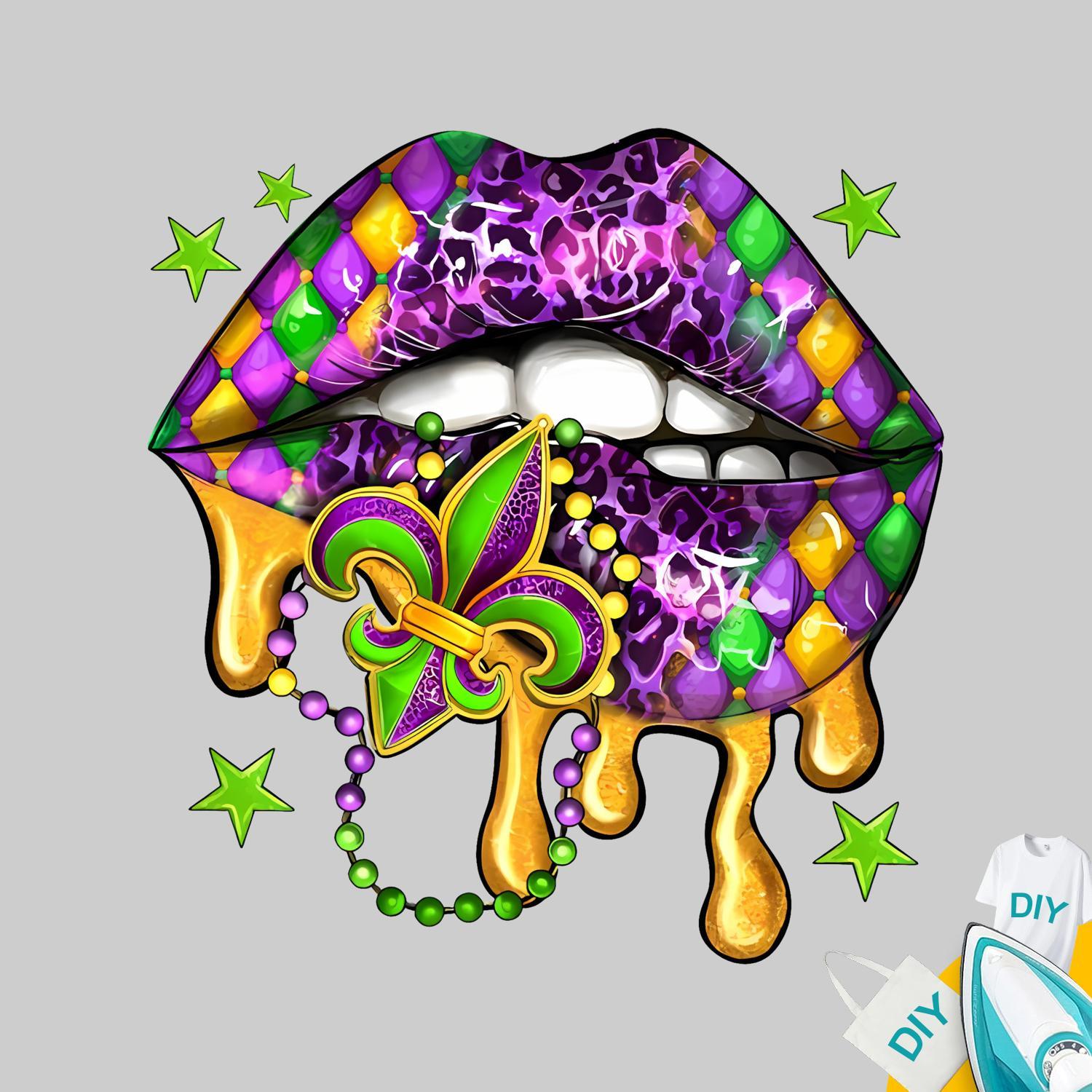 

1pc Vibrant Mardi Gras Iron-on Patch, Vinyl Heat Transfer Decal With Lip Design, & Beads Accents - , Washable & Fade-resistant For Clothing, Pillows, Backpacks, Other Textiles