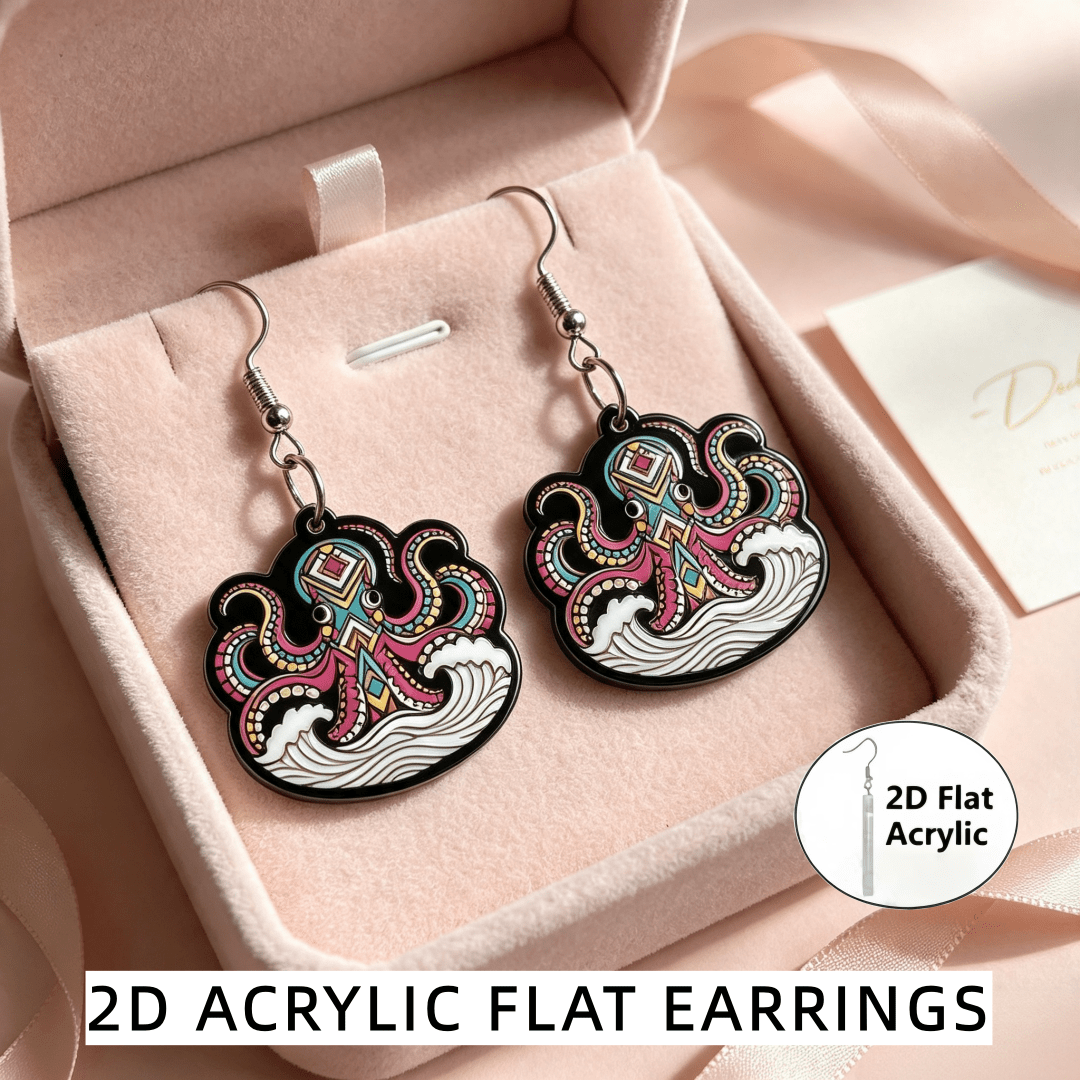 2D Flat Vibrant Ethnic Tribal Printed Octopus Dangle Earrings
