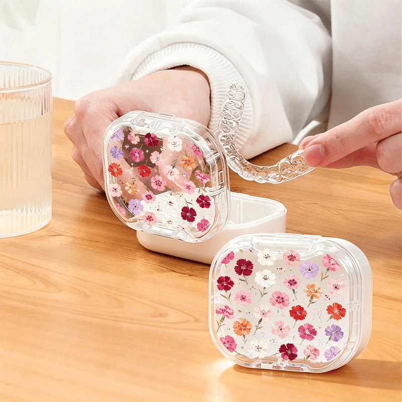 TEMU Rose Red Floral Print Portable Retainer Case, Universal Adult Denture Storage Box, Travel Dustproof Case For Dentures