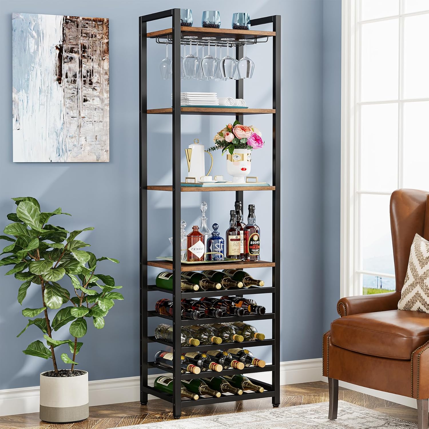 20 Bottles Wine Baker's Rack, Wine Rack Freestanding Base, 9 Tiers, Industrial Freestanding Wine Rack With Glass Holder, Bottle Rack For Bar, Kitchen, Dining Room, Rustic Brown
