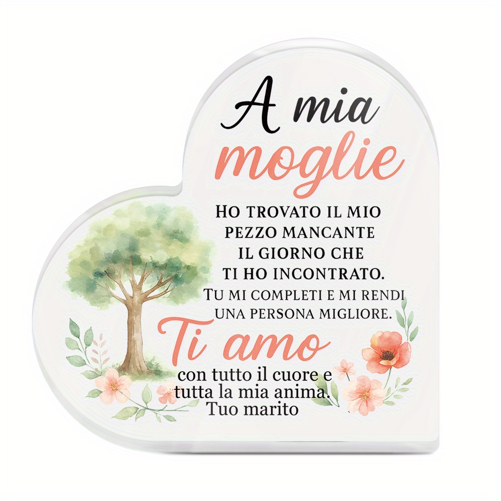 TEMU Piatto 2D, Piatto 2D Putuo Decor 1 pz Insegna da Tavolo Decorativa Acrilica a Forma di Cuore Italiana, "A Mia Moglie", Decorazione da Scrivania