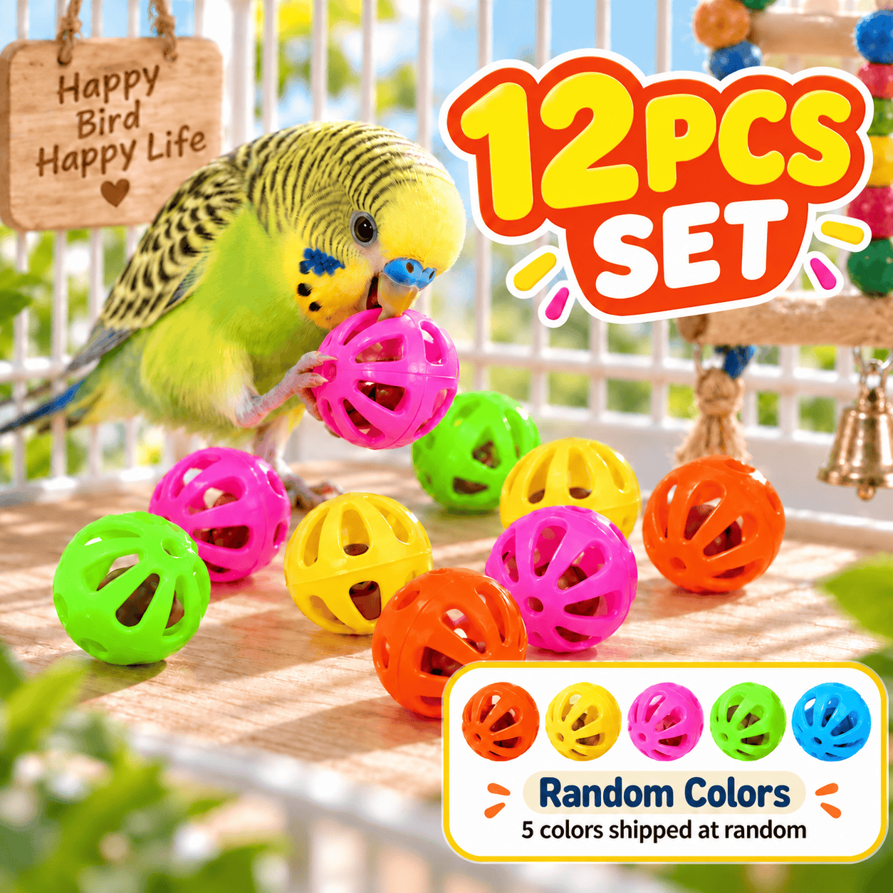 TEMU Set di 12 palline colorate con campanellini per uccelli, giocattoli interattivi per pappagalli, giochi per gabbie di uccelli, palline decorative