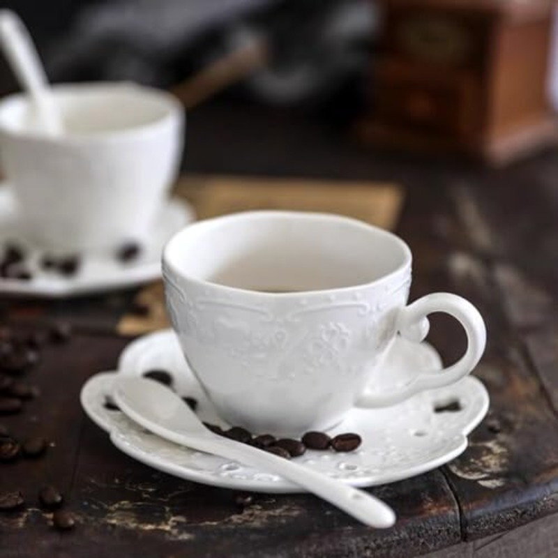 elegant white bone china ceramic cup and saucer set with floral embossing   coffee or tea ideal for home kitchen or breakfast use coffee bar accessories Product details 6