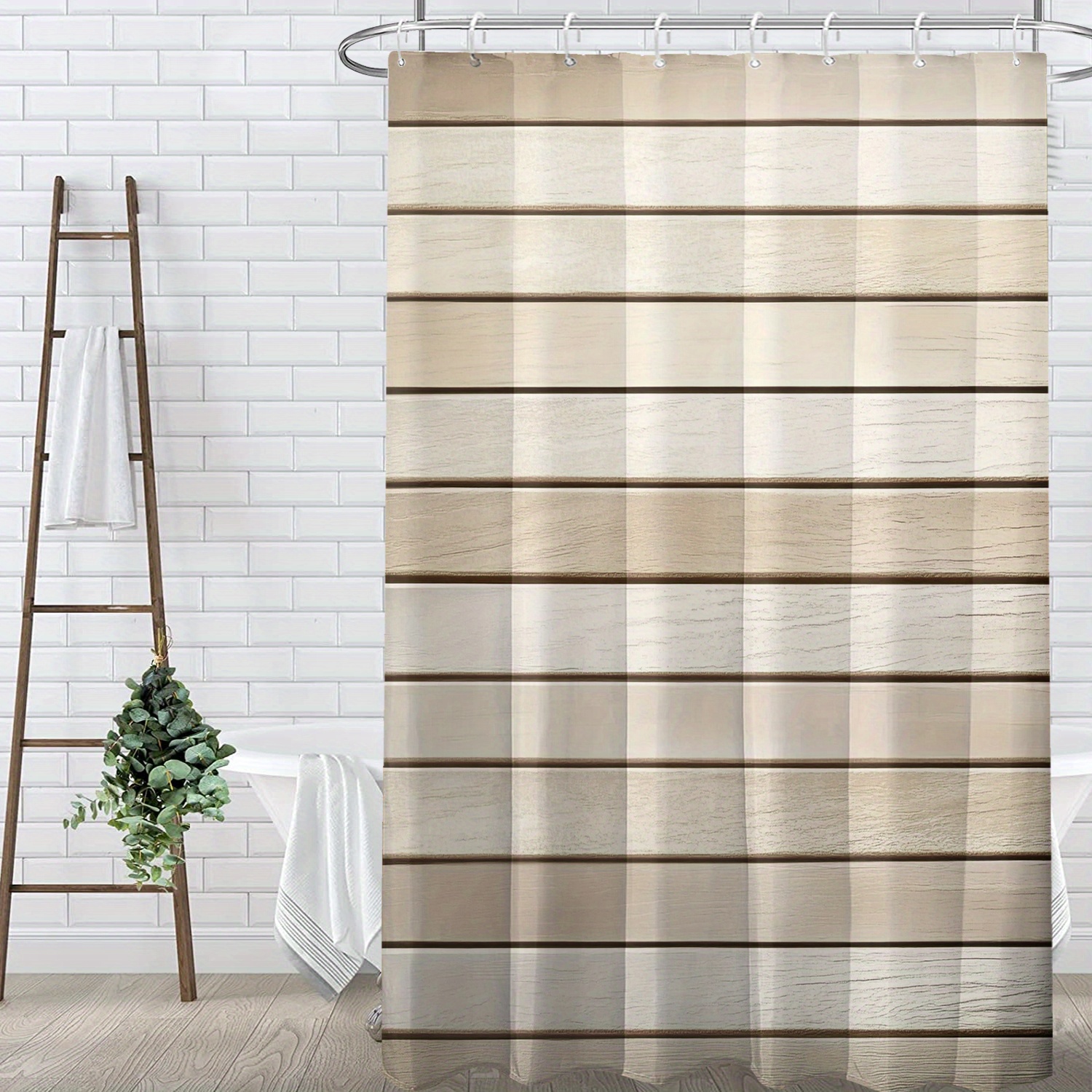 TEMU 1pc Wood Grain Striped Print Shower Curtain, Nordic Minimalist Style Bathroom Home Decoration With Plastic Hooks Suitable For Machine Washable