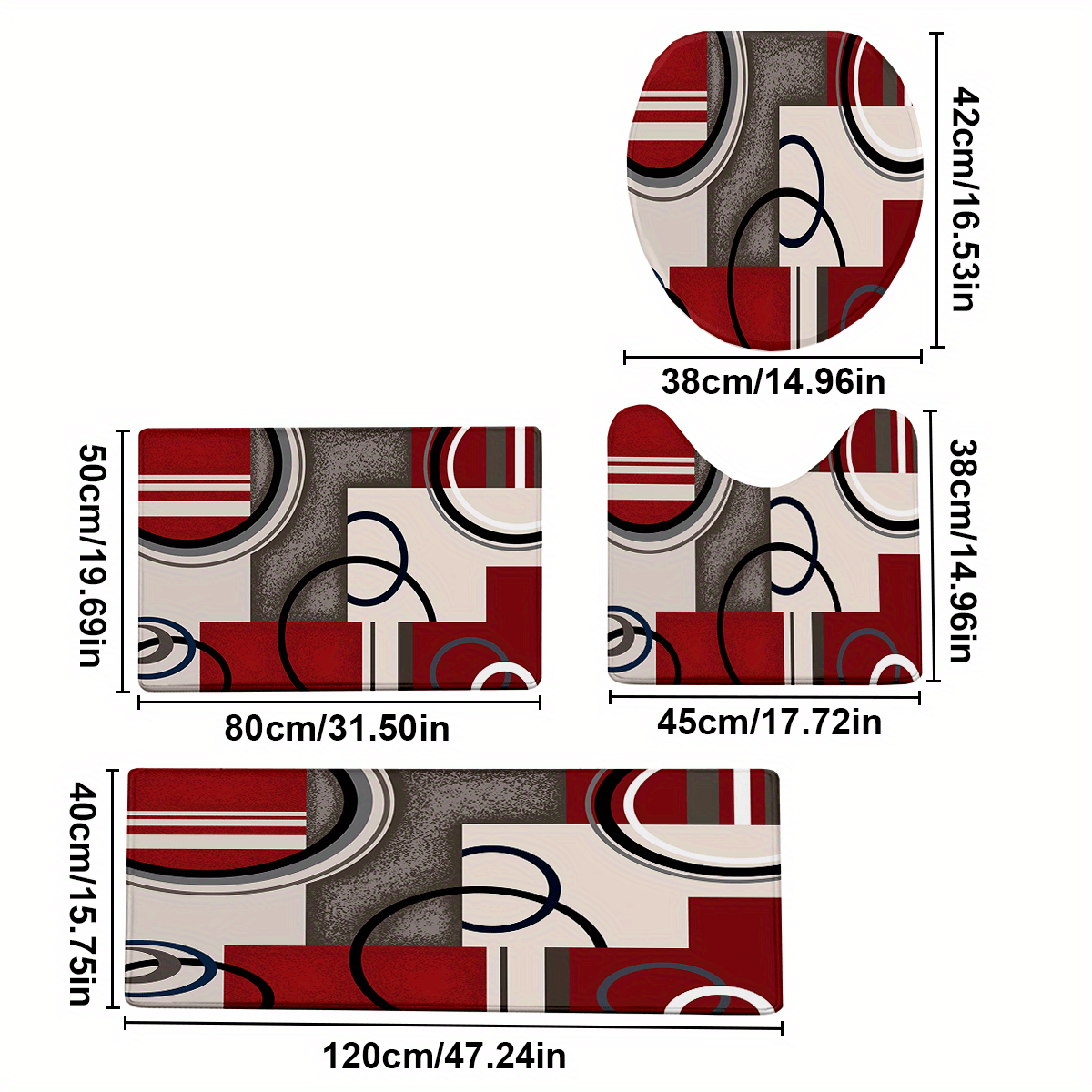 TEMU 4pcs/ Set Christmas Decoration Red Creative Geometric Printed Bathroom Protective Pad Set, Non-slip Bathroom Mat, Flannel Bathroom Mat, Bathroom