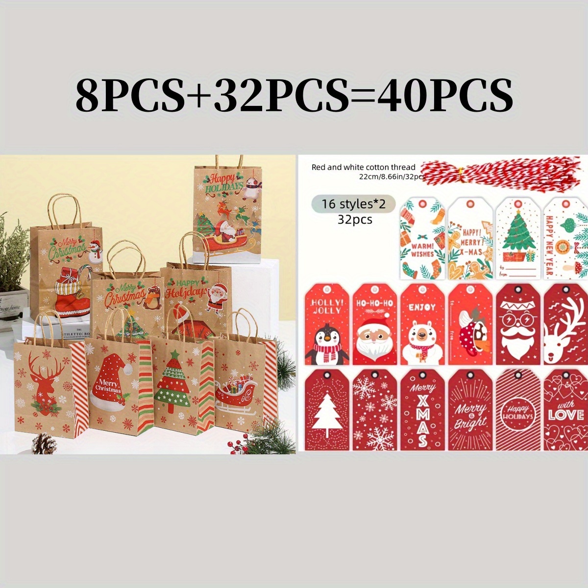 TEMU 40/set Christmas Gift Bags With Handles Paper Tote Bags Holiday Printing Christmas Gift Bags Portable Christmas Gift Bags Christmas Cards