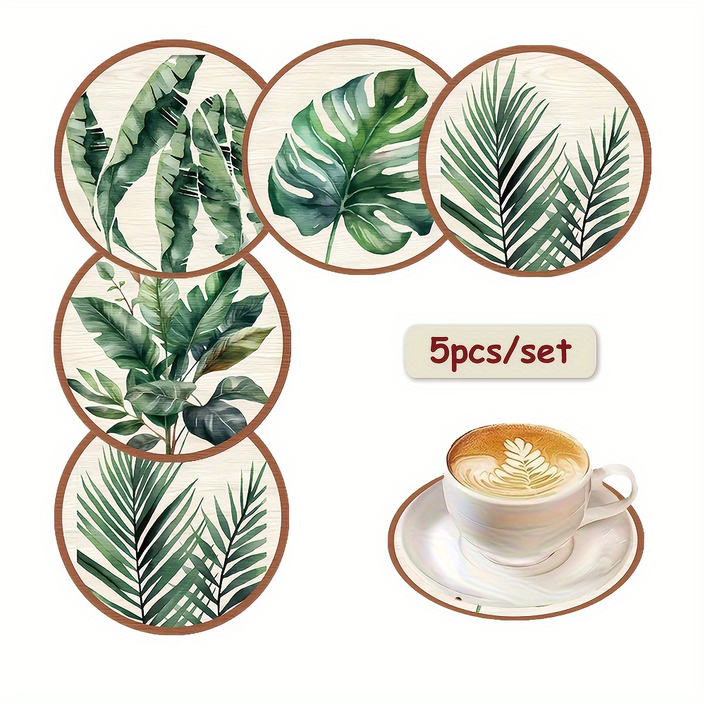 TEMU 5pcs Set Of Tropical Plant Green Leaf Pattern Wooden Coasters, Art Home Decoration, Suitable Home, Kitchen, Office Desk Daily Use Cup Coasters,