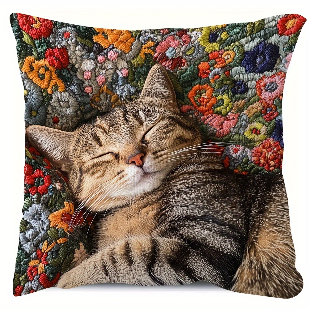 TEMU 1pc Bohemian Style Cat Pillow Cover - Contemporary Floral Print With Sleeping Cat Design, Zipper Closure, Machine Washable, Vibrant Mixed Room,