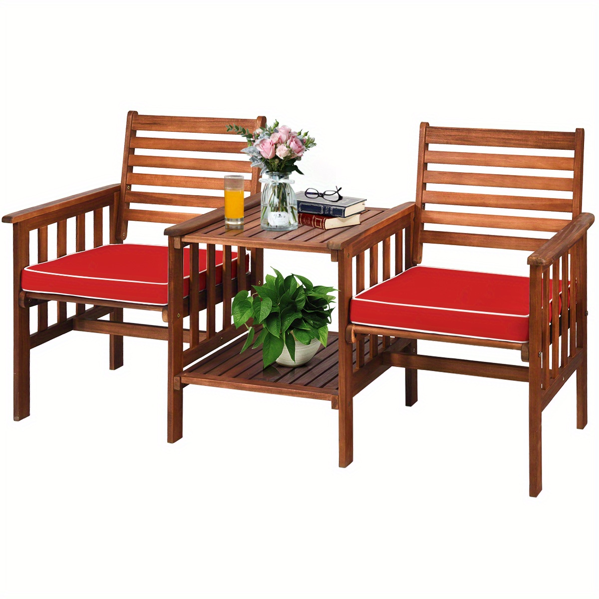 Image of Garden Bench With Table, 2-seater Wooden Bench With Seat Cushion & Umbrella Hole, Of Acacia Wood, Load Capacity Up To 350kg, Patio Bench For Balcony, Garden, Terrace, 165 X 88cm