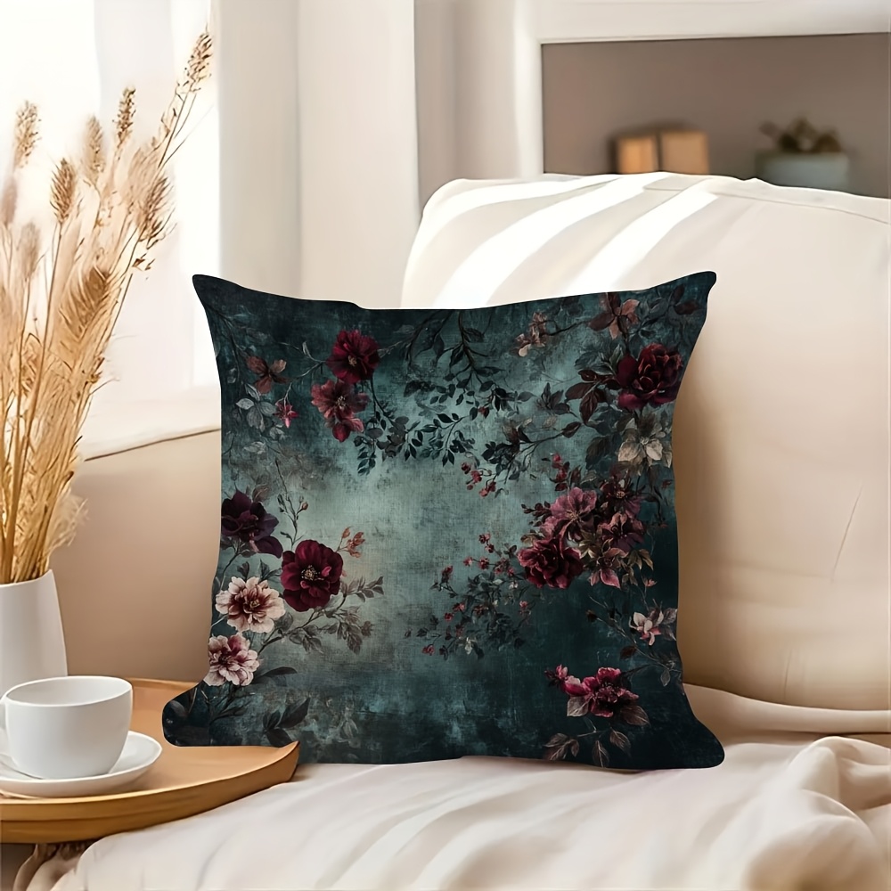 TEMU 1pc 18x 18inch Vintage Dark Floral Pattern Double-sided Throw Pillowcase, , Zipper Closure, Suitable For All Room Types Decorative Pillowcase,