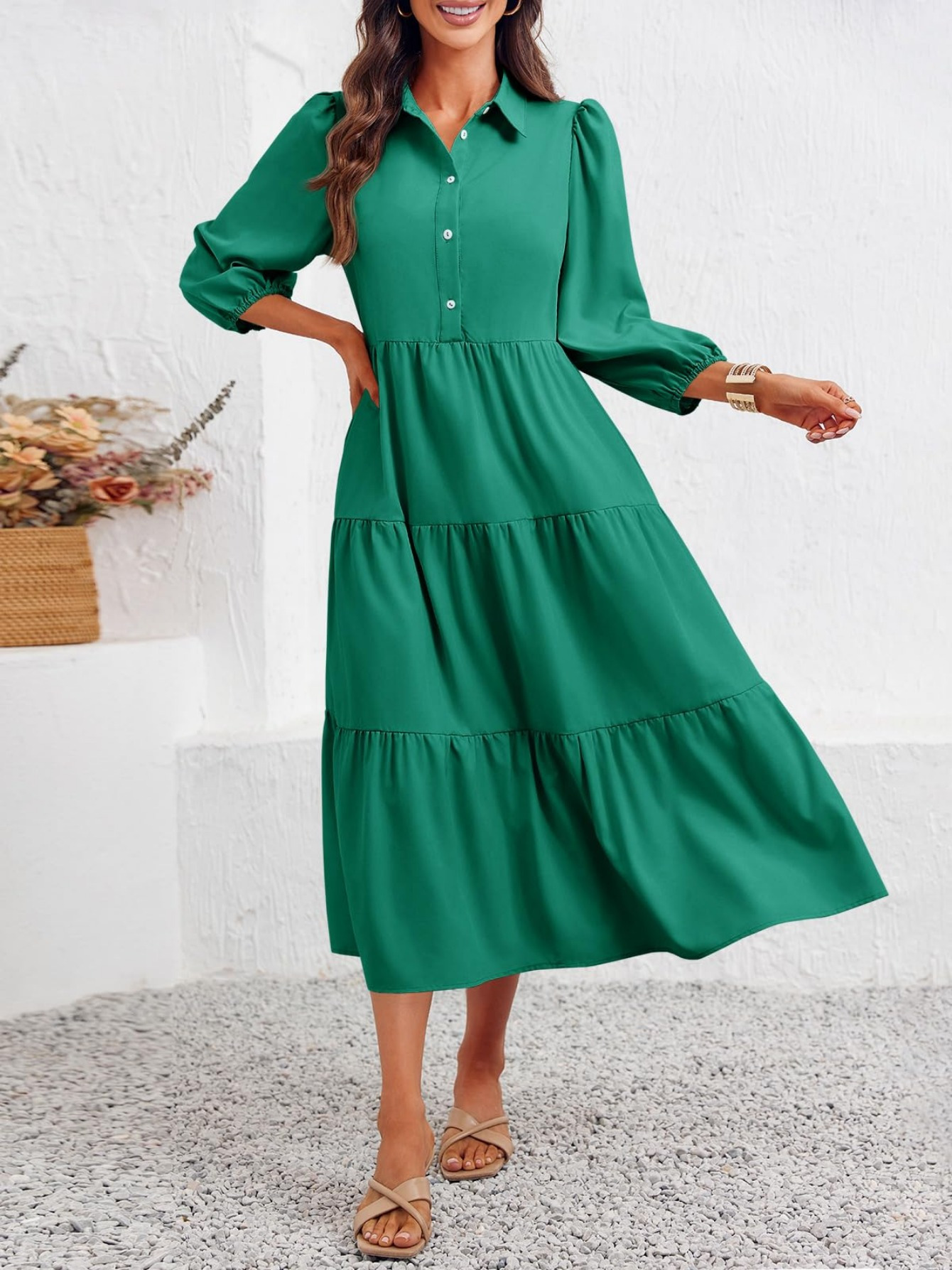 womens casual 3 4 sleeve shirt dress button v neck tiered - Temu