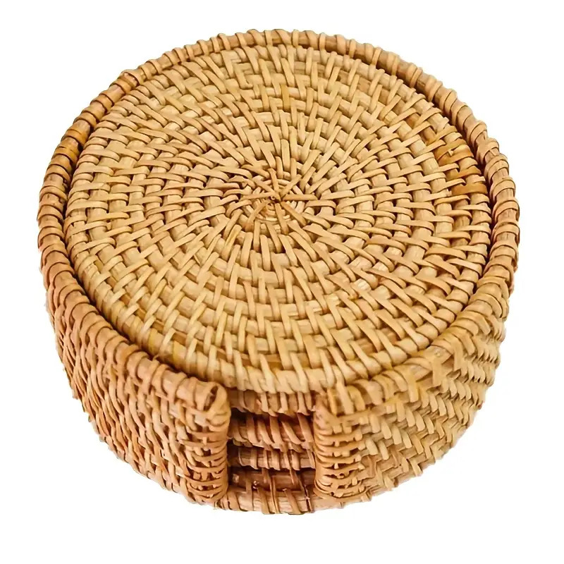 Set of 6 Handcrafted Rattan Coasters Plus 1 Woven Storage Accessory for Tea Sets, Designed for Gongfu Tea, Serving As an Insulation Pad And Heat-Resistant Kitchen Utensil Pad