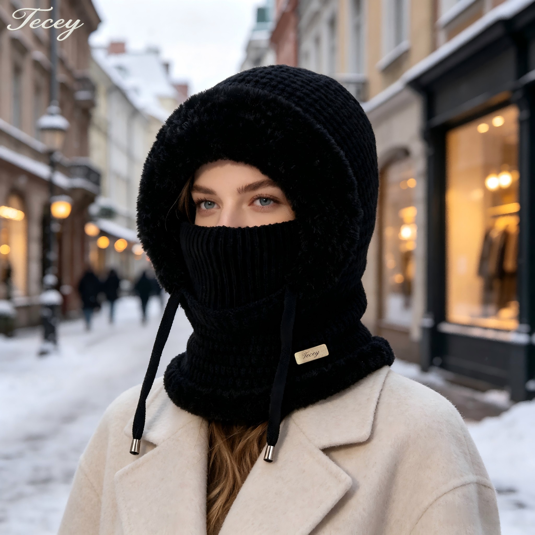 TEMU TECEY Pull d'hiver une pièce à capuche pour femmes, doublure en peluche, idéal pour le shopping, les , les quotidiens et , noir polyvalent avec