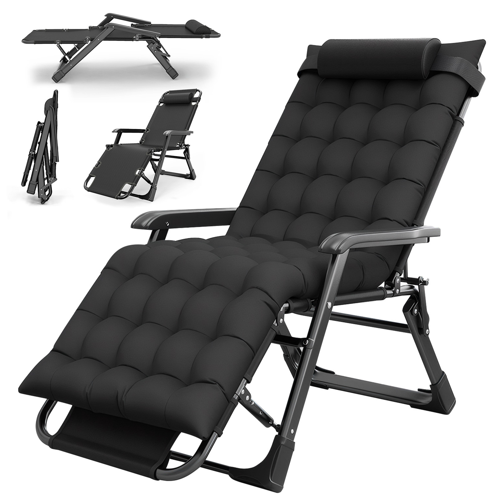 TEMU Portable Outdoor Folding Recliner Chair With Removable Headrest & Cushion - Heavy-duty Adjustable Sun Lounger Suitable For Patio, Beach, Camping