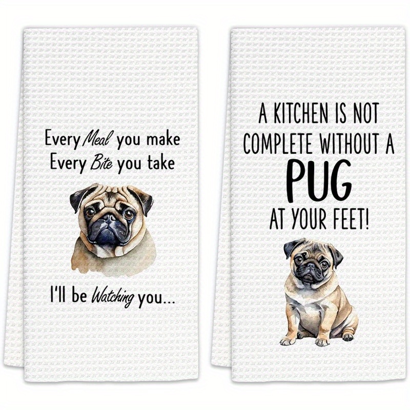 

2pcs Pug-themed Kitchen Towels Set, 18x26 Inch Soft Polyester Dish Towels, Modern Rectangular Weave, Machine Washable, Decorative Hand Towels For , Pug Watching You & Pug At Your