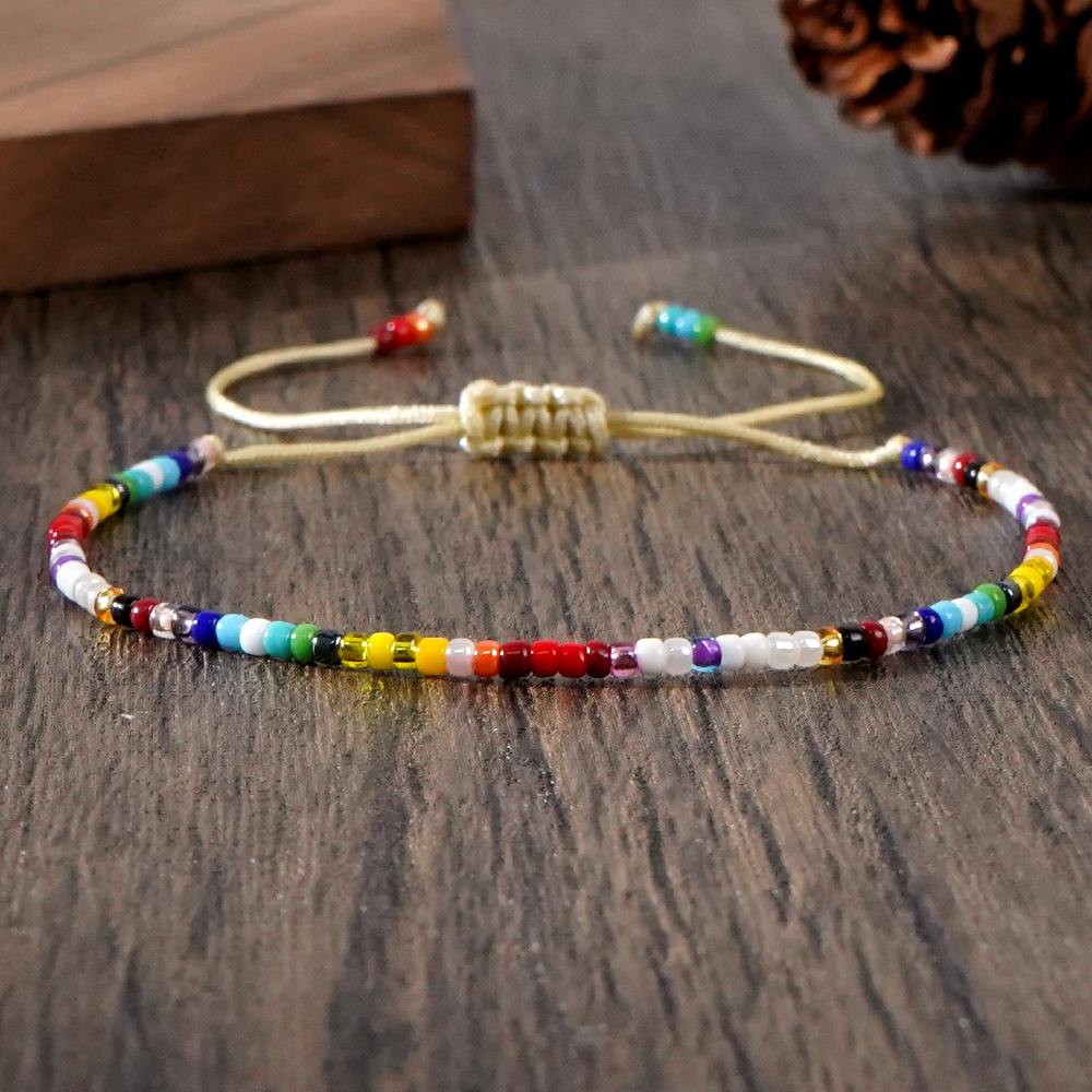 Boho Rainbow Glass Bead Bracelet Lightweight Yellow Cord Decorative Knots