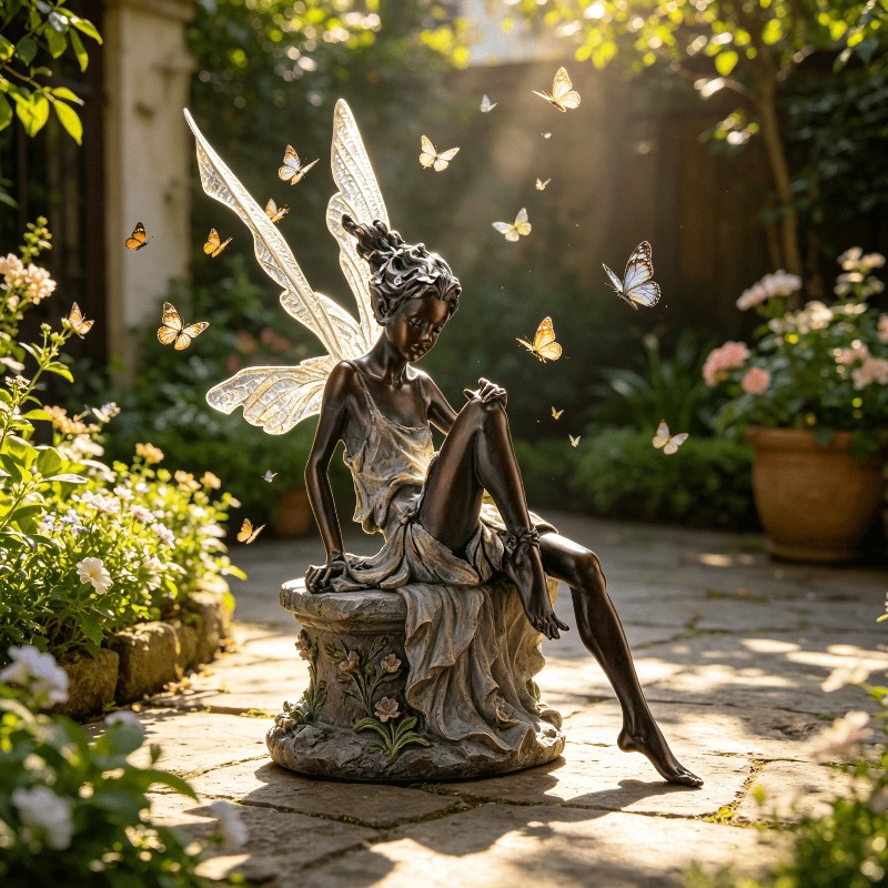 TEMU 2pcs Bronze Sitting Fairy Garden Statue With , Metal-look Fairy Figurine Decor For Tree Branch, Outdoor Yard, Lawn, Patio And Indoor Shelf