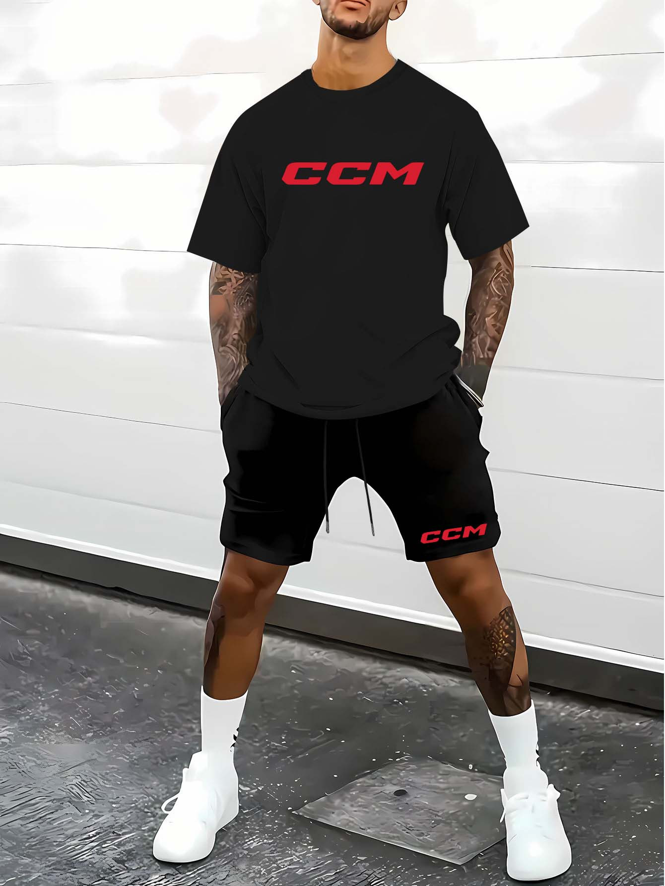 mens casual summer two piece set light blue t shirt with ccm print black shorts white sneakers socks outdoor sportswear casual attire geometric pattern tee stretchy fabric 0