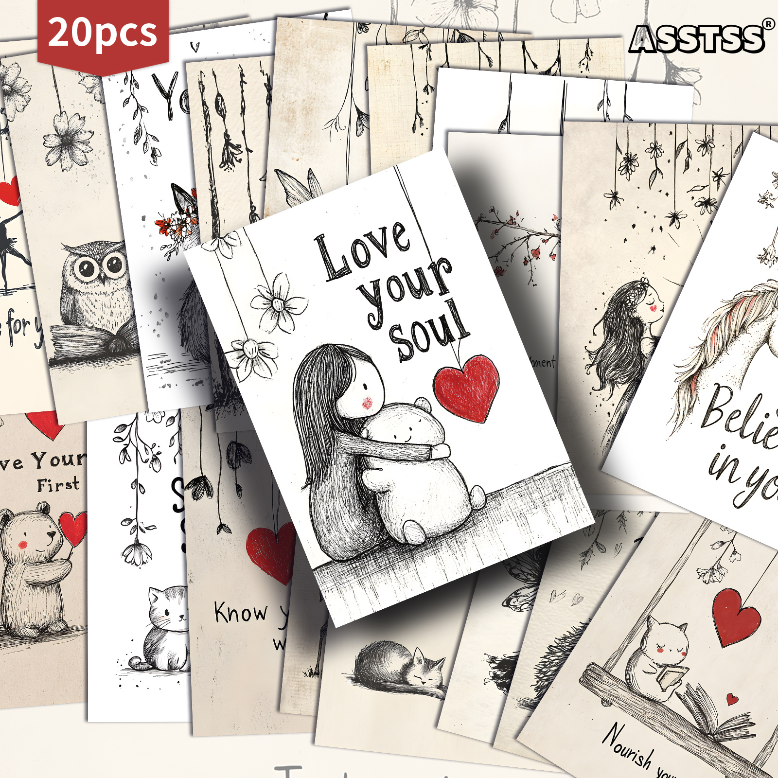 TEMU 20-pack Asstss Whimsical Animal Inspirational - Motivational Gift Card - 4x6 Inches Junk Journal Paper Classic Pinup Illustrations Collectible