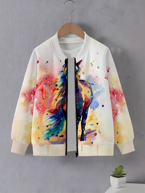 item picture watercolor horse print girls baseball suit artistic style childrens jacket spring and autumn style style versatile jacket