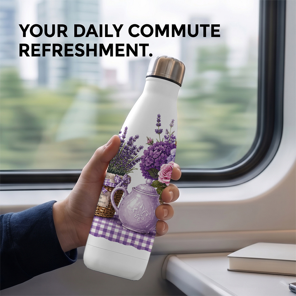 TEMU 1pc 17oz Double Wall Vacuum Insulated Water Bottle 500ml Stainless Steel Travel Mug With Purple Hydrangea Lavender Floral Pattern Portable