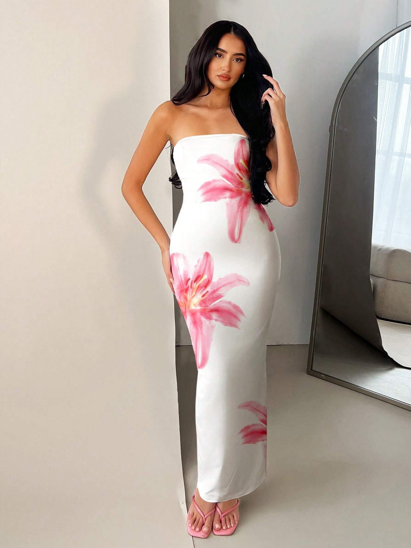 women's floral print shoulder bodycon maxi dress lightweight
