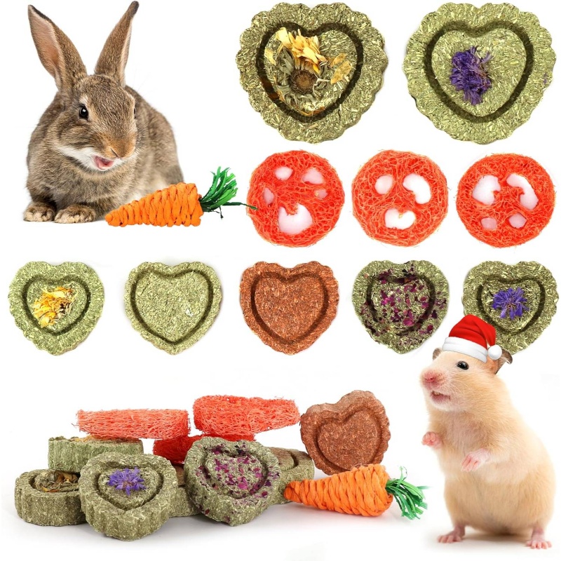 Natural Timothy Toys, 11pcs Snacks Chew Toys, Pet Chew Treats Guinea Pigs, Rabbits, Bunny, Chinchilla, Hamsters, with Timothy/Loofah/Carrot Hanging Toys