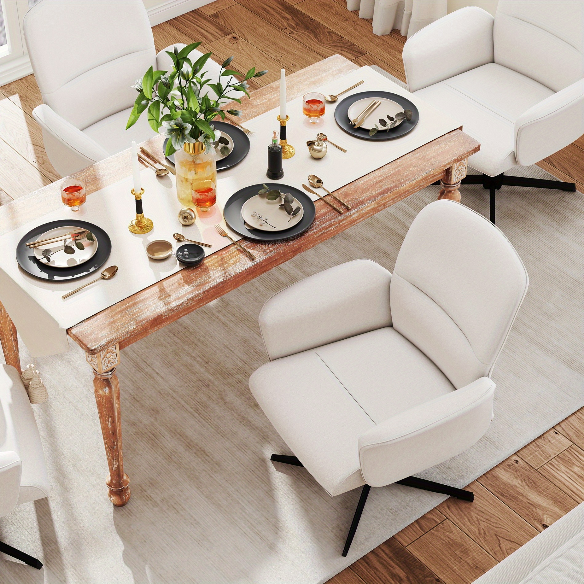 Homy Casa Beige Upholstered Chenille Dining Chair, Side Chair, Swivel Adjustable Height Accent Chair Featuring Padded Arms And Iron Legs, Modern Design Suitable for Cafe, Kitchen, Dining Room, Available in Single Piece Or Sets of 2 Or 4