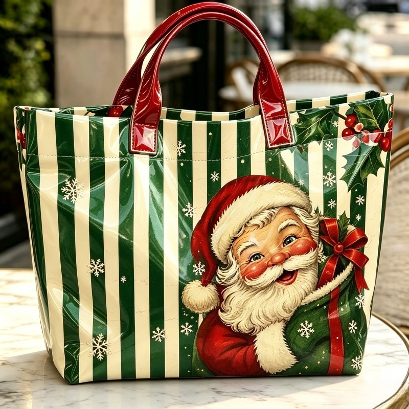 TEMU 1pc Large Vintage Christmas Tote Bag With Santa Claus And Holly Print - Pvc/oxford Cloth Handbag Suitable For Work, Beach, Shopping, Daily ,