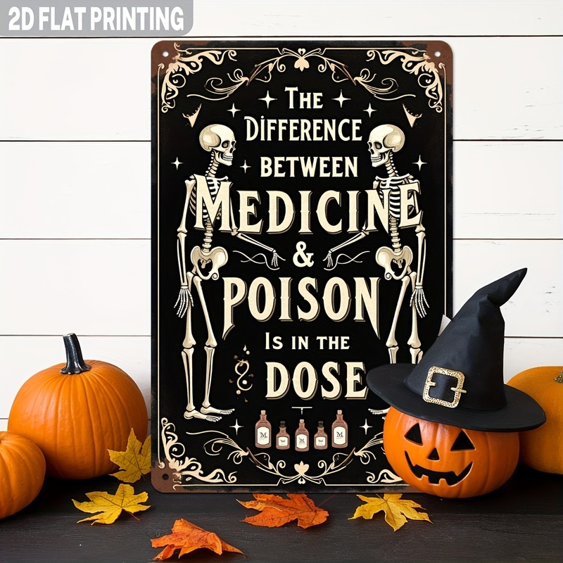 1pc Retro Medicine Vs Poison Difference In Metal Sign Apothecary Decorative Wall Hanging Rustic Style Wall Decor Suitable For Home Kitchen Bar Office Halloween Decoration Decorative Sign 8x12 Inch