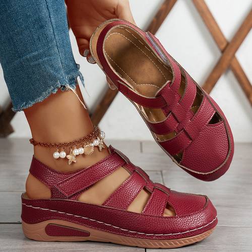 item picture fashionable comfortable outdoor shoes summer womens wedge sandals hollow breathable design adjustable hook and loop closure lightweight fashion womens shoes suitable for suitable for beach vacation women shoes