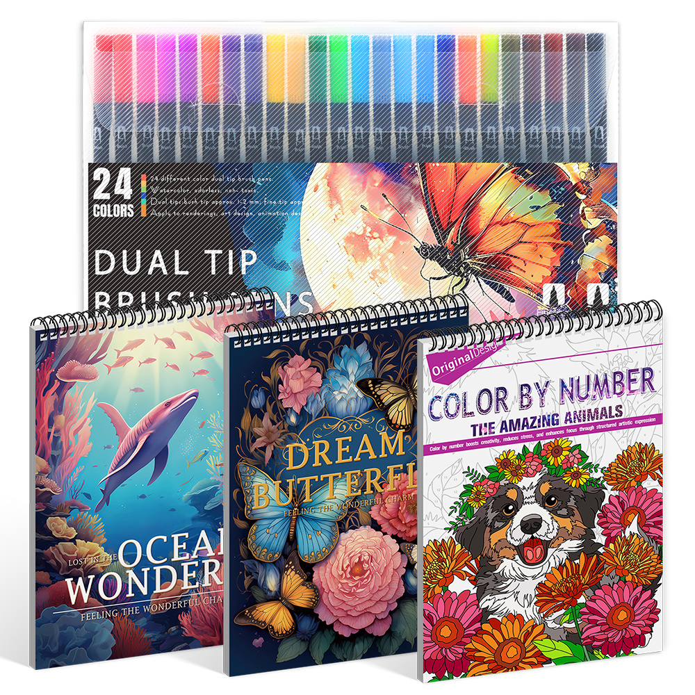 Image of 4pcs Flower And Animal Themed Coloring Book Set | Drawing, 2 Coloring Books & 24 Colored Markers | Beginner To Advanced, | Hard Cover, Single-sided Printing, Thick Paper | Leisure