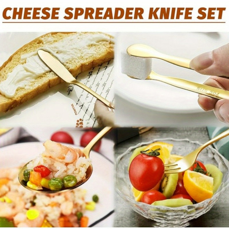 stainless steel knife fork and spoon set cheese and butter spreading knife set with cutting board   cutlery toothpicks and flags suitable for outdoor   and pastry making Product details 4