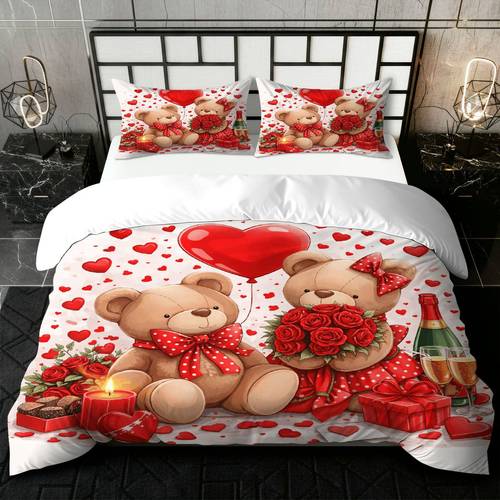 item picture 3pcs duvet cover set 1 duvet 2 pillowcases without filler teddy bear heart rose romantic celebration theme valentine s bedding set cozy warm suitable for decoration bedroom living room hotel